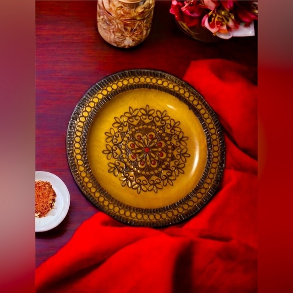 Unique Hand Carved -Polish Wooden Multi Floral Plate Dark Rim- 8.5” - Picture 1 of 7